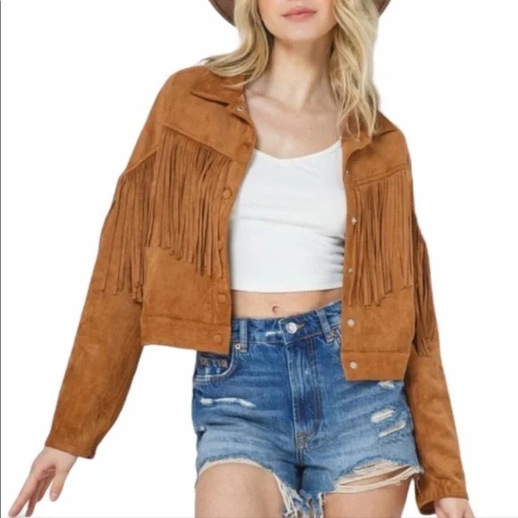 Blue B Brown Suede Fringe Utility Crop Jacket